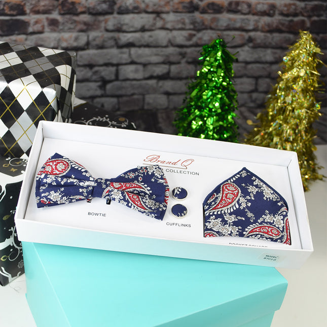Navy and Red Paisley Bow Tie Gift Box Set Brand Q Gift Box - Paul Malone.com