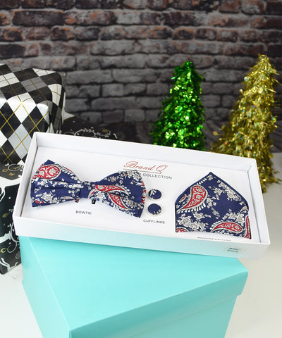 Navy and Red Paisley Bow Tie Gift Box Set Brand Q Gift Box - Paul Malone.com