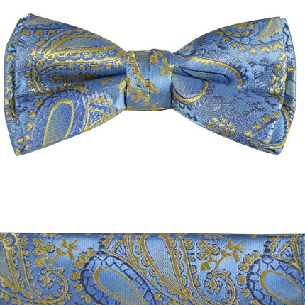 Blue and Gold Boys Bow Tie and Pocket Square Set, Pre-tied Paul Malone Bow Tie - Paul Malone.com