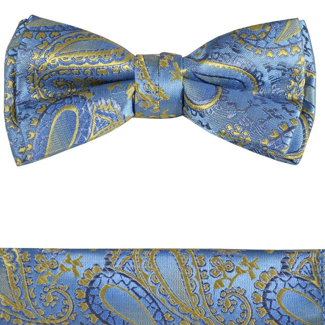 Blue and Gold Boys Bow Tie and Pocket Square Set, Pre-tied Paul Malone Bow Tie - Paul Malone.com