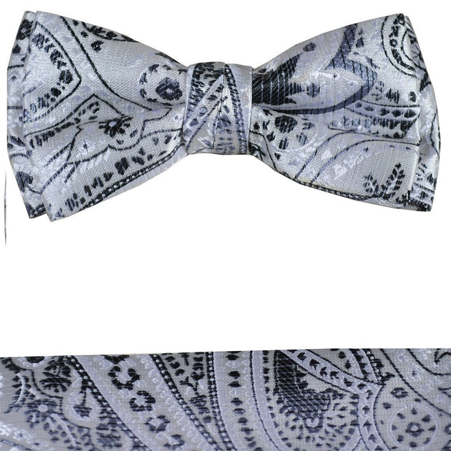 Grey Paisley Boys Bow Tie and Pocket Square Set, Pre-tied Paul Malone Bow Tie - Paul Malone.com