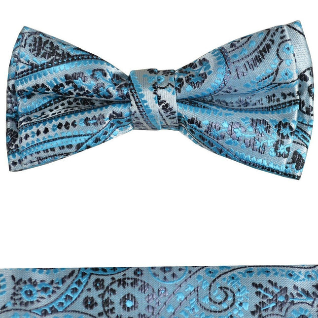 Aqua Blue Boys Bow Tie and Pocket Square Set, Pre-tied Paul Malone Bow Tie - Paul Malone.com
