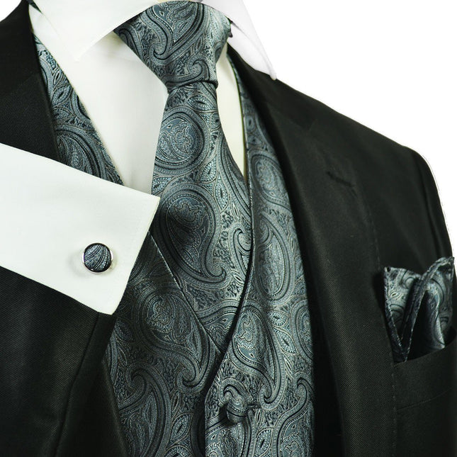 Gunmetal Grey Paisley Tuxedo Vest Set Paul Malone Vest - Paul Malone.com
