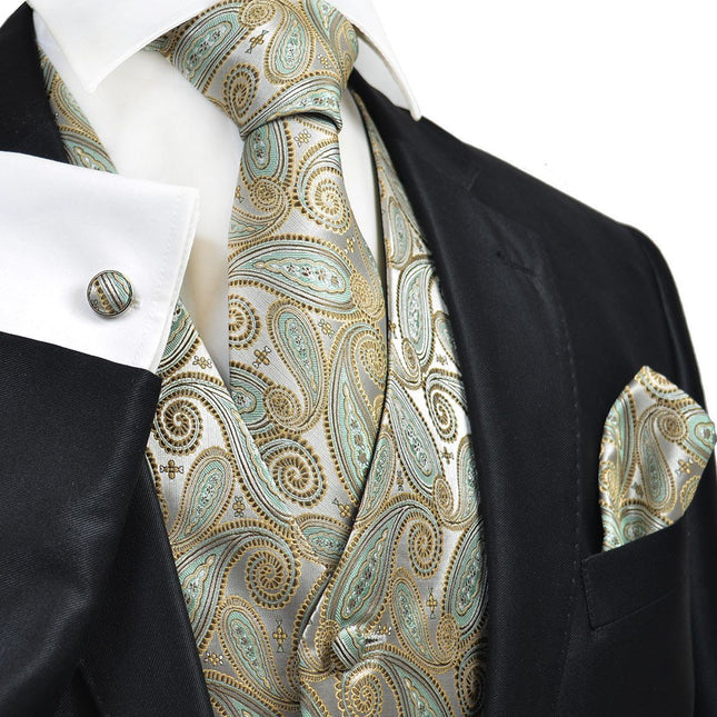 Gold and Turquoise Paisley Tuxedo Vest Set Paul Malone Vest - Paul Malone.com