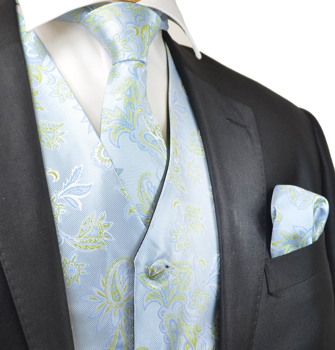 Sky Blue and Green Floral Tuxedo Vest Set | Paul Malone