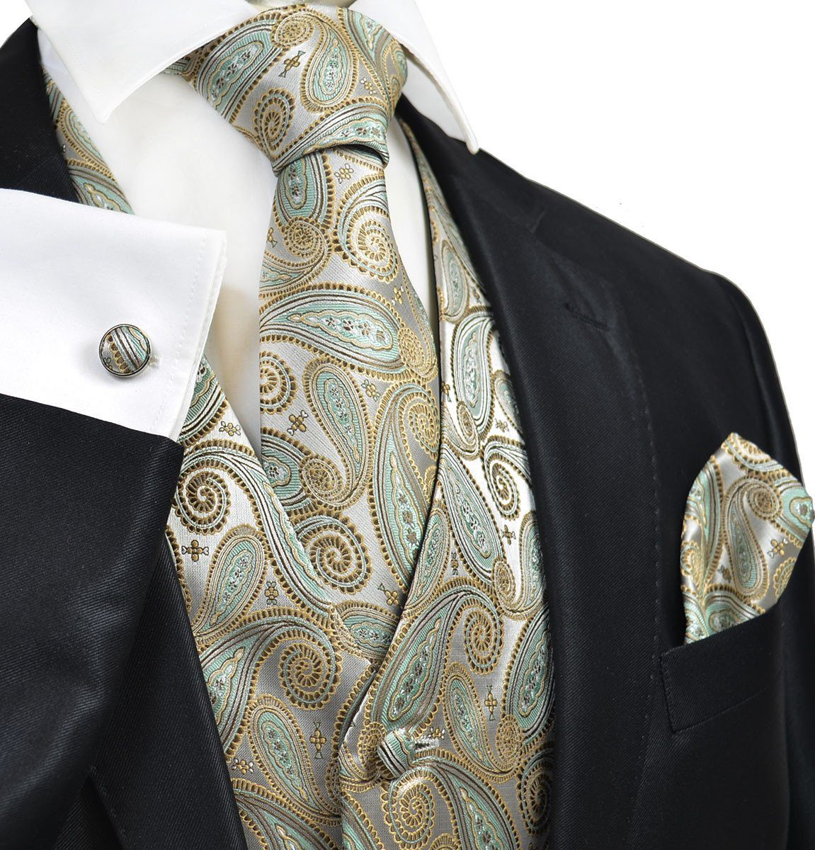 Gold and Turquoise Paisley Tuxedo Vest Set | Paul Malone