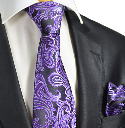 Purple and Black Paisley Necktie and Pocket Square Paul Malone Ties - Paul Malone.com
