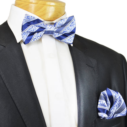 Mazarine Blue Striped Silk Bow Tie and Pocket Square Set Paul Malone Bow Ties - Paul Malone.com