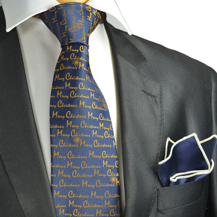 Gold on Blue Merry Christmas Tie Paul Malone Ties - Paul Malone.com
