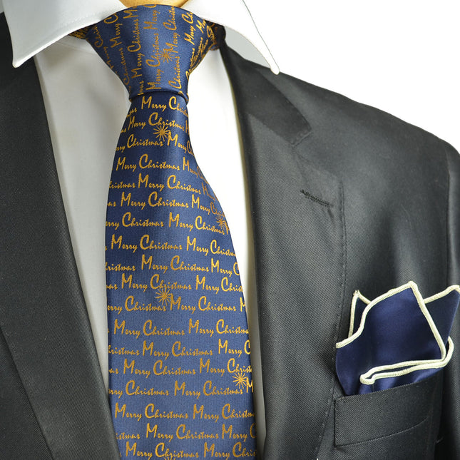 Gold on Blue Merry Christmas Tie Paul Malone Ties - Paul Malone.com