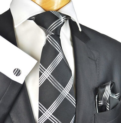 Black and Silver Silk Tie with Pocket Square and Cufflinks Paul Malone Ties - Paul Malone.com