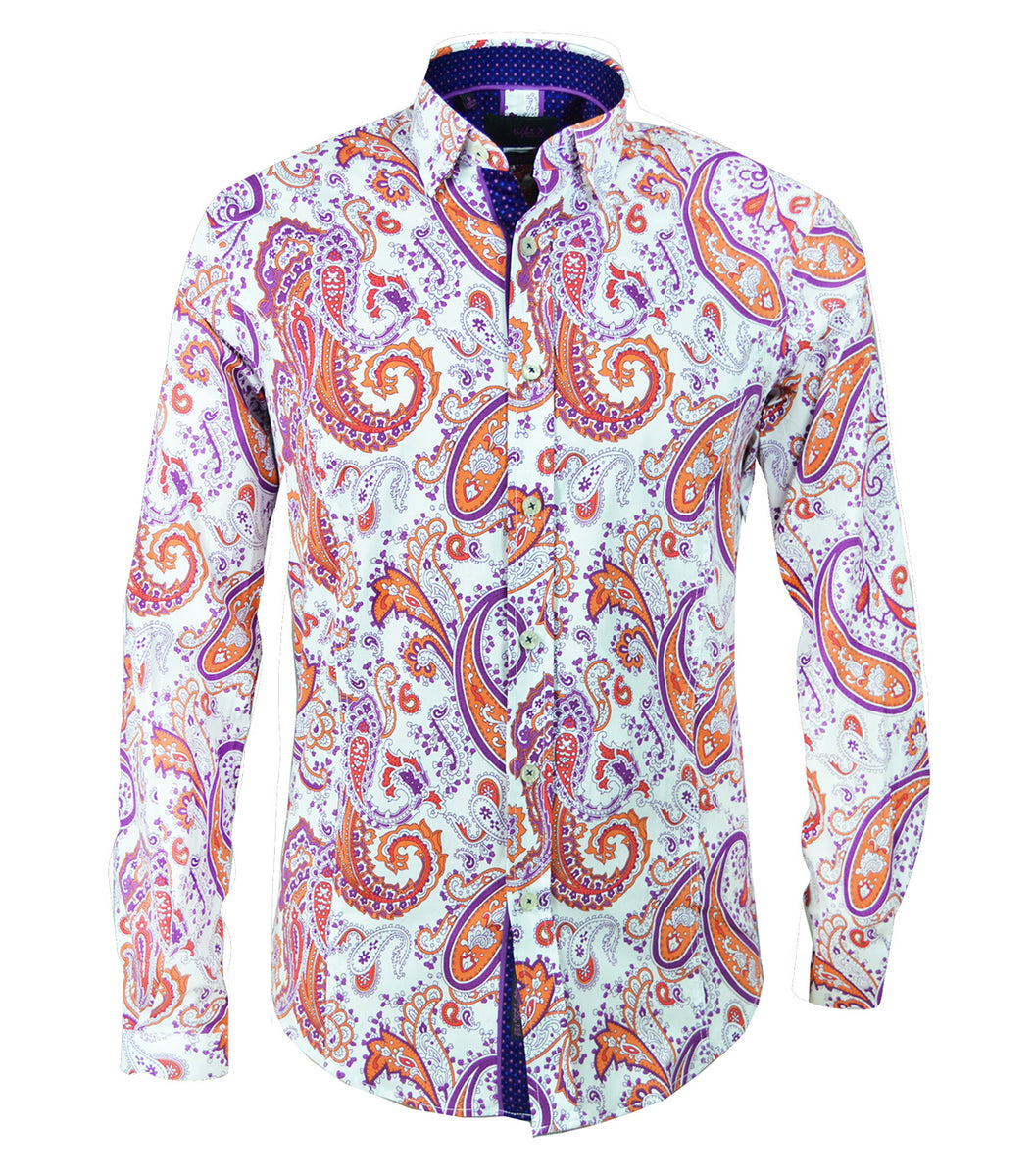 Slim Fit Paisley Cotton Shirt in Purple, Blue and Orange | Paul Malone