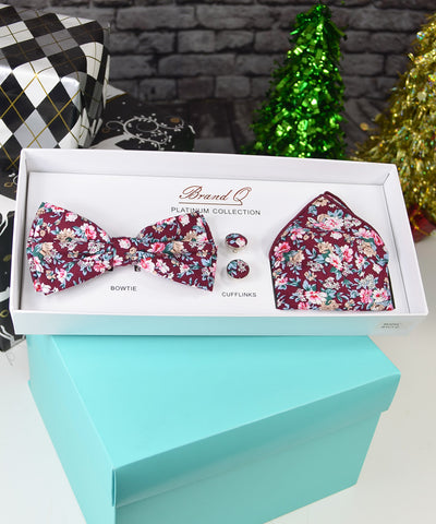 Burgundy Flower Bow Tie Gift Box Set Brand Q Gift Box - Paul Malone.com