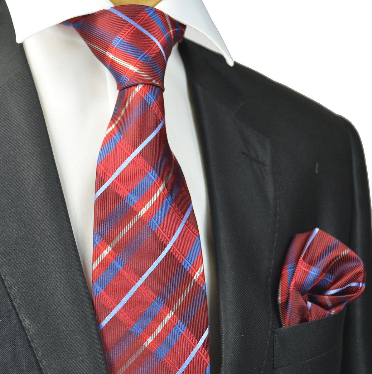 Red and Blue Plaid Silk Tie and Pocket Square | Paul Malone