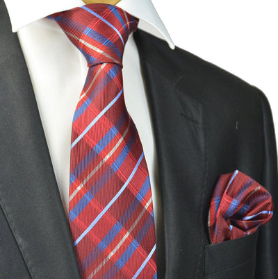 Red and Blue Plaid Silk Tie and Pocket Square Paul Malone Ties - Paul Malone.com