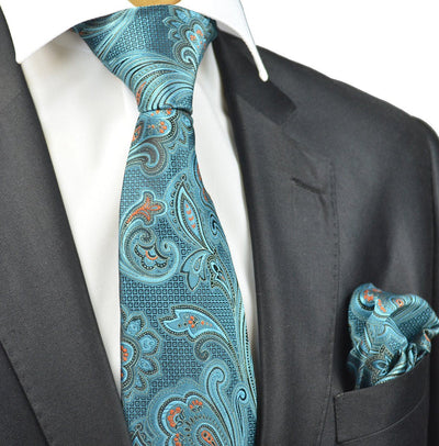 Turquoise Paisley Necktie and Pocket Square Paul Malone Ties - Paul Malone.com
