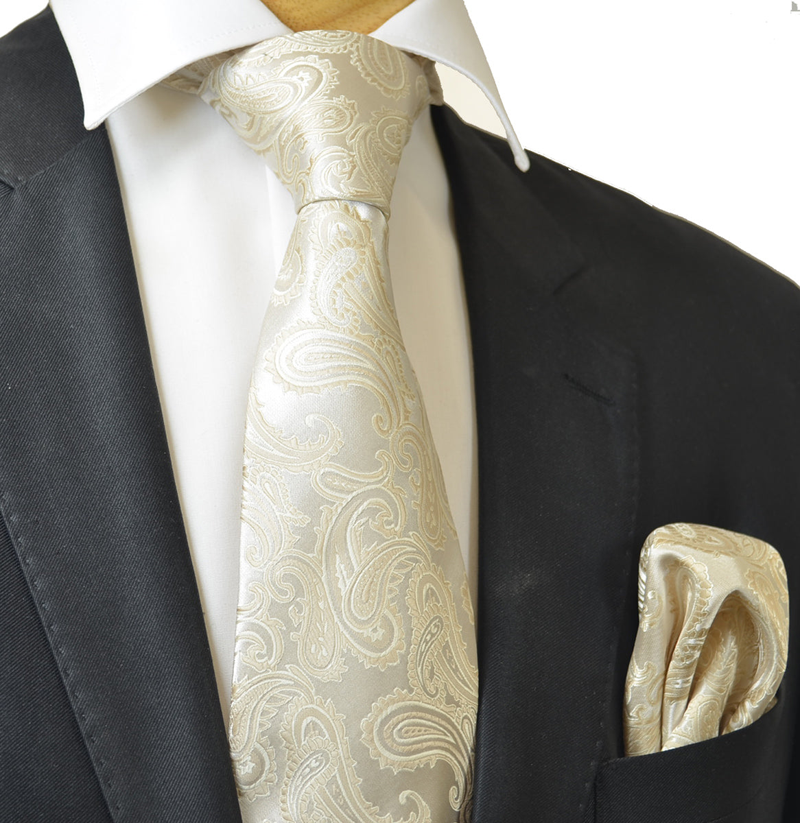 Taupe Paisley Formal Necktie and Pocket Square | Paul Malone
