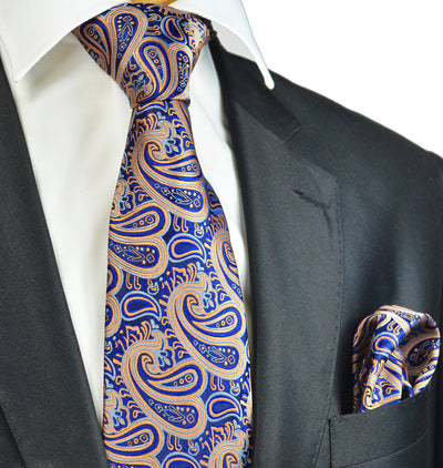 Coral and Navy Paisley Necktie and Pocket Square Paul Malone Ties - Paul Malone.com