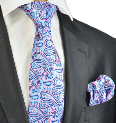 Pink and Light Blue Paisley Necktie and Pocket Square Paul Malone Ties - Paul Malone.com