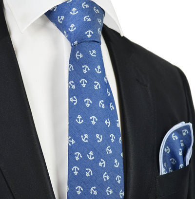 Light Blue Anchor Cotton Tie with Pocket Square Paul Malone Ties - Paul Malone.com