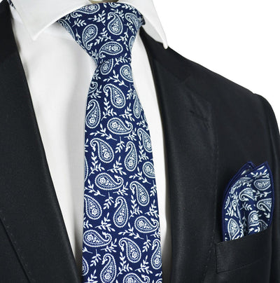 Blue and White Paisley Cotton Tie and Pocket Square by Paul Malone Paul Malone Ties - Paul Malone.com