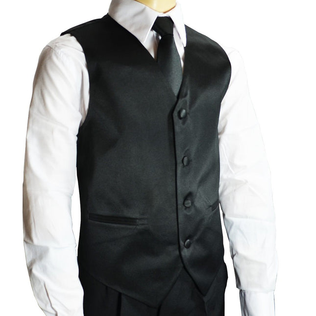 Solid Black Boys Tuxedo Vest and Necktie Set Brand Q Vest - Paul Malone.com