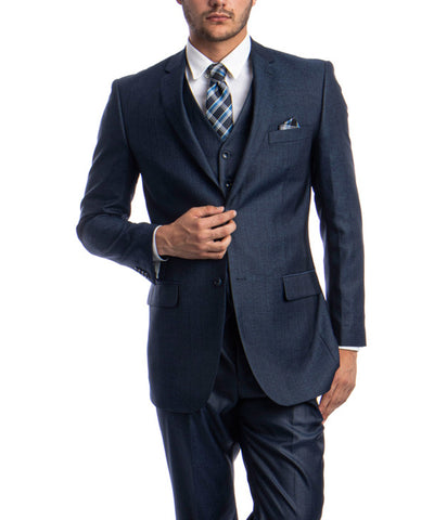 Classic Solid Textured Navy Suit with Vest Tazio Suits - Paul Malone.com