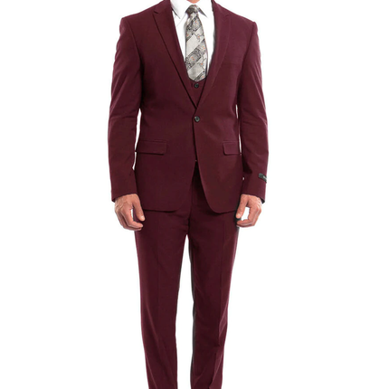 Burgundy Slim Fit Men's Suit with Vest Set Tazio Suits - Paul Malone.com