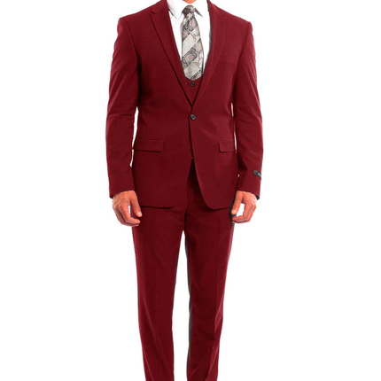 Cherry Red Slim Fit Men's Suit with Vest Set Tazio Suits - Paul Malone.com
