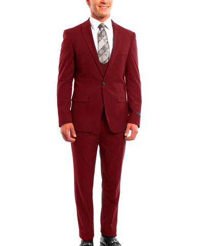 Cherry Red Slim Fit Men's Suit with Vest Set Tazio Suits - Paul Malone.com