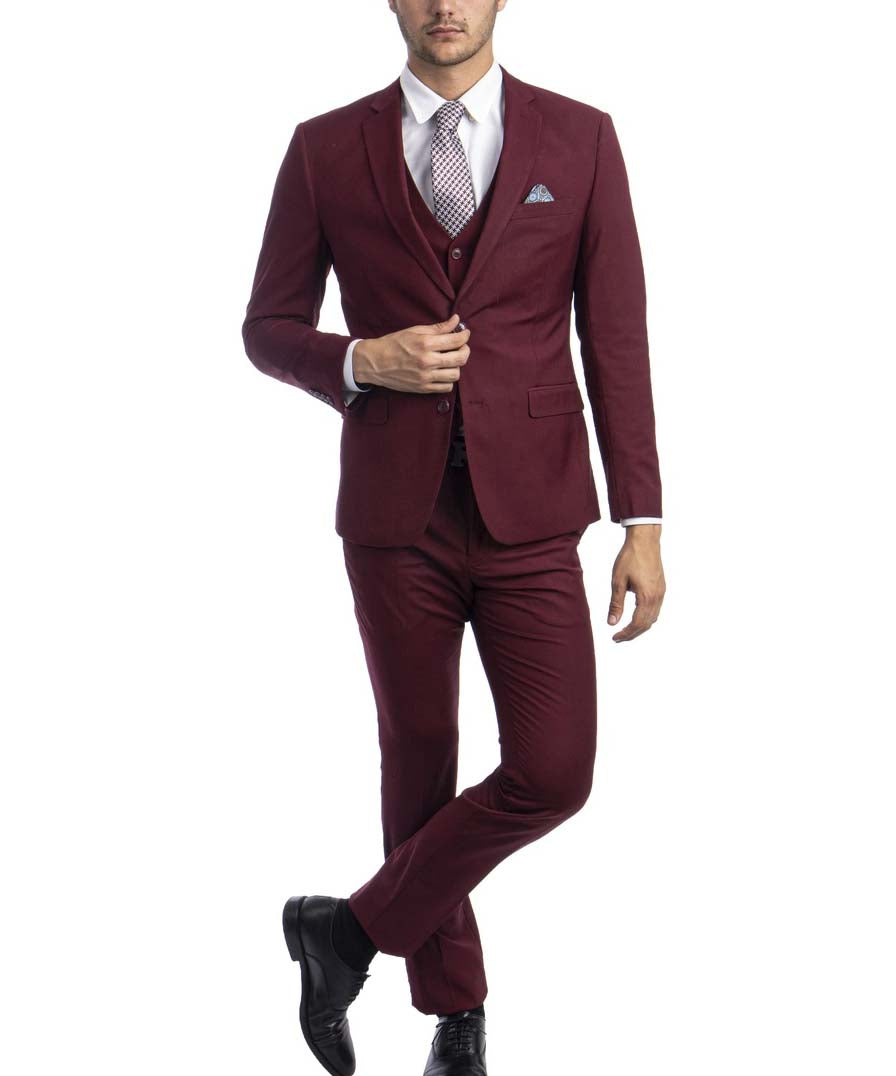 3 piece Burgundy Slim Fit Men's Suit with Vest Set 3 piece Burgundy Slim Fit Men's Suit with Vest Set