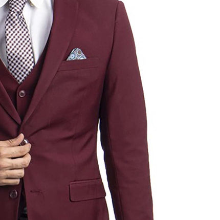 3 piece Burgundy Slim Fit Men's Suit with Vest Set Sean Alexander Suits - Paul Malone.com
