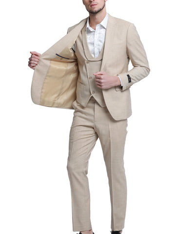 Khaki Sharkskin Suit with Double Breasted Vest Tazio Suits - Paul Malone.com