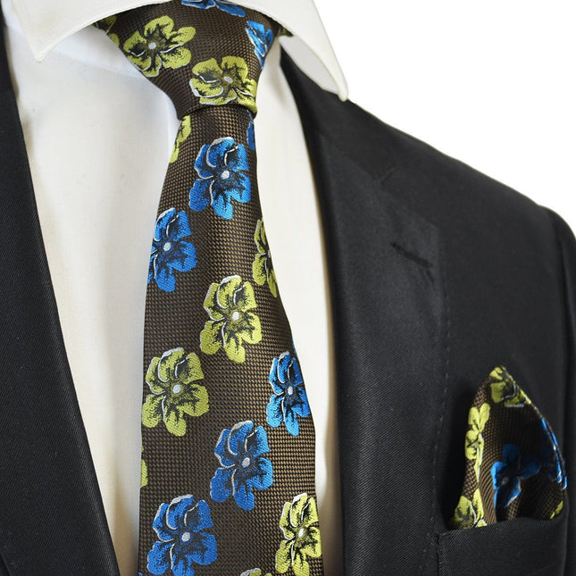 Brown and Green Floral Men's Tie and Pocket Square Paul Malone Ties - Paul Malone.com
