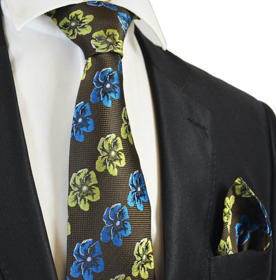 Brown and Green Floral Men's Tie and Pocket Square Paul Malone Ties - Paul Malone.com