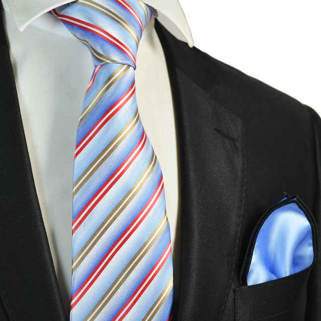 Blue, Gold and Red Striped Men's Tie and Pocket Square Paul Malone Ties - Paul Malone.com