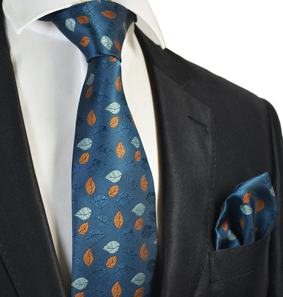 Blue and Orange Floral Men's Tie and Pocket Square Paul Malone Ties - Paul Malone.com