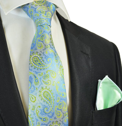 Green and Blue Paisley Men's Extra Long Tie and Pocket Square Paul Malone Ties - Paul Malone.com