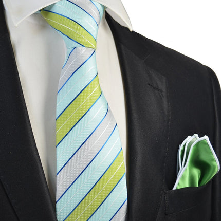 Turquoise, Green and Silver Men's Tie and Pocket Square Paul Malone Ties - Paul Malone.com