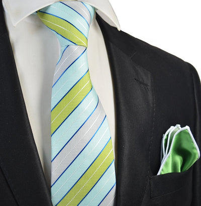 Turquoise, Green and Silver Men's Tie and Pocket Square Paul Malone Ties - Paul Malone.com