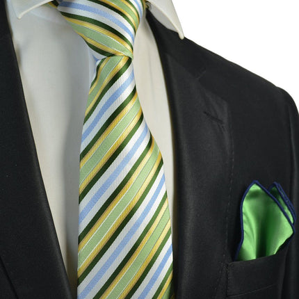 Green, Blue and Yellow Striped Men's Tie and Pocket Square Paul Malone Ties - Paul Malone.com