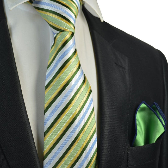 Green, Blue and Yellow Striped Men's Tie and Pocket Square Paul Malone Ties - Paul Malone.com
