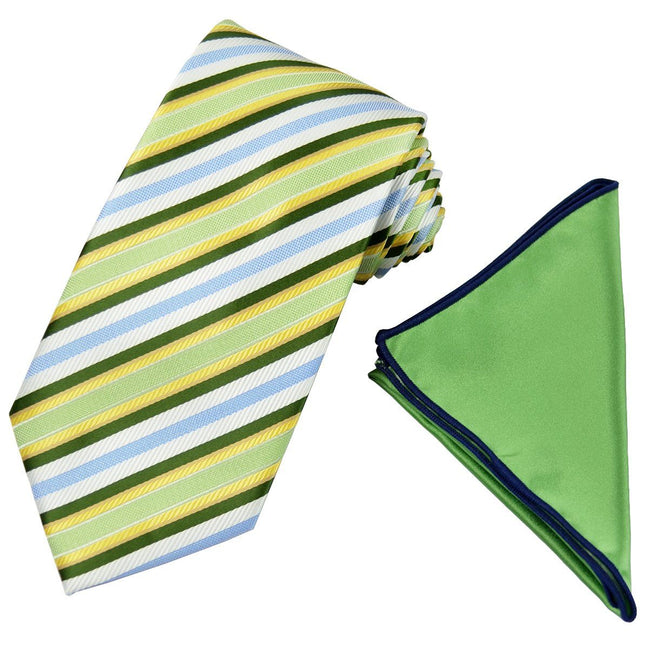 Green, Blue and Yellow Striped Men's Tie and Pocket Square Paul Malone Ties - Paul Malone.com