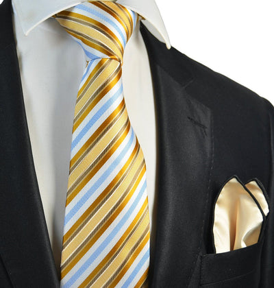 Gold and Blue Striped Men's Tie and Pocket Square Paul Malone Ties - Paul Malone.com