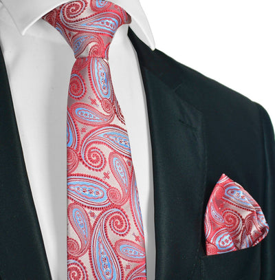 Extra Long Poinsettia and Blue Paisley Necktie Set Paul Malone Ties - Paul Malone.com