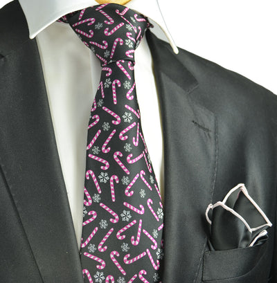 Black and Pink Candy Cane Holiday Tie Set Paul Malone Ties - Paul Malone.com