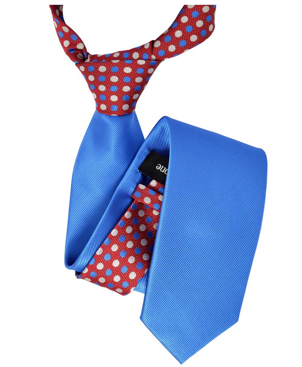 Man Checked Deep Blue Tie Blue Pink Bordeaux Lines Tone on Tone Red Polka Dots Contrast Knot