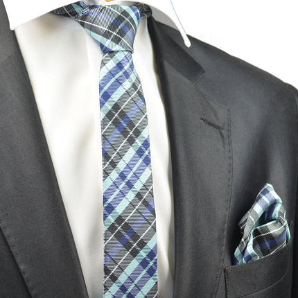 Blue Plaid Skinny Necktie and Pocket Square Set Paul Malone Ties - Paul Malone.com