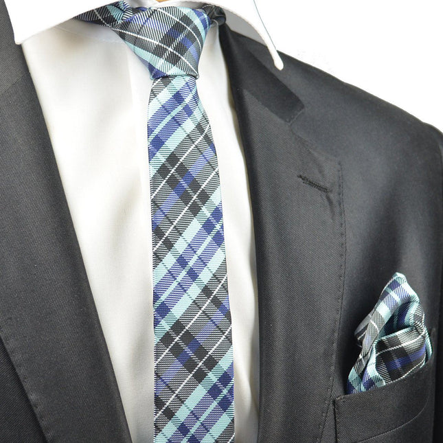 Blue Plaid Skinny Necktie and Pocket Square Set Paul Malone Ties - Paul Malone.com