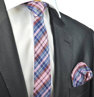 Purple and Pink Plaid Skinny Necktie and Pocket Square Set Paul Malone Ties - Paul Malone.com